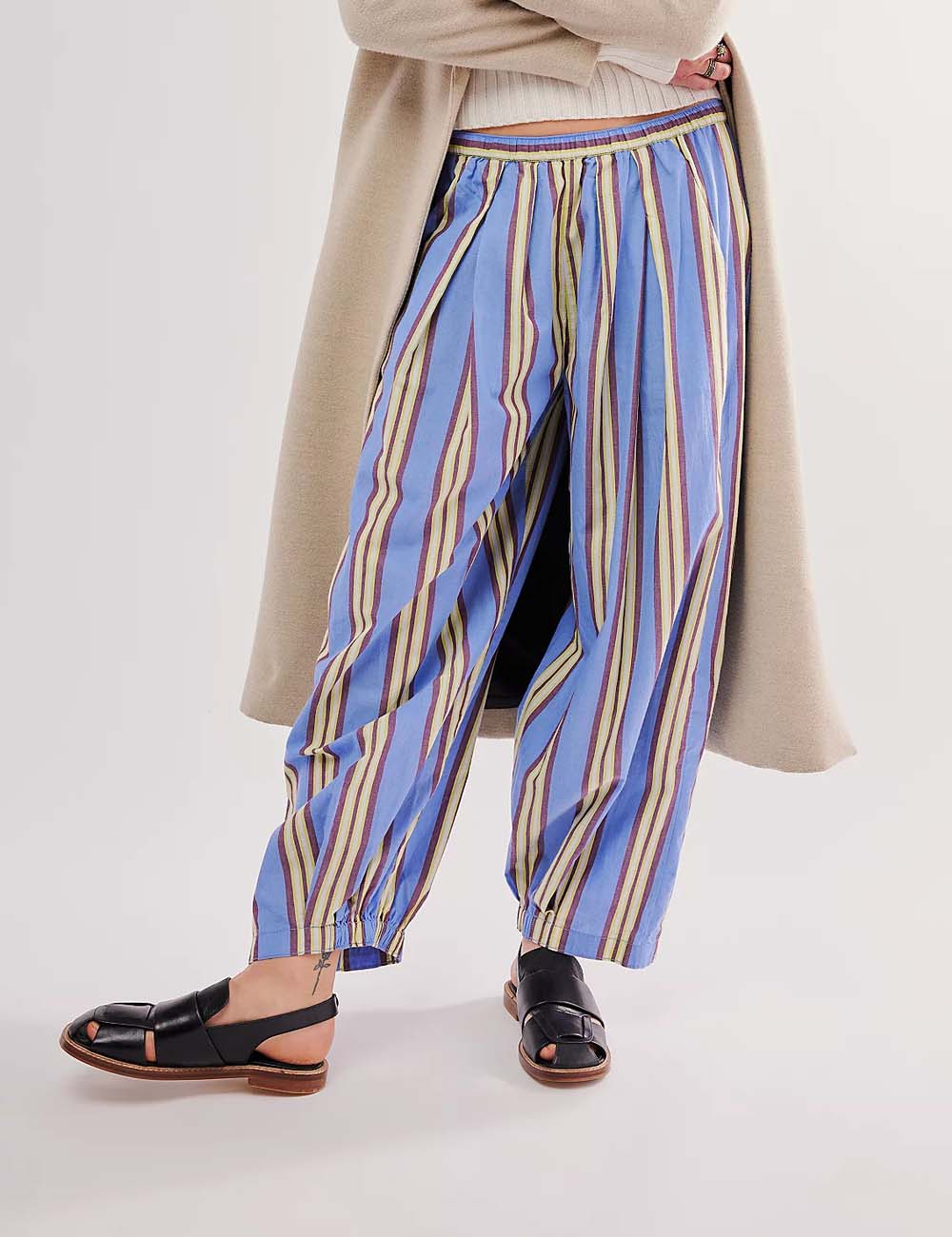 Casual Elastic Waist Color Block Striped Pants