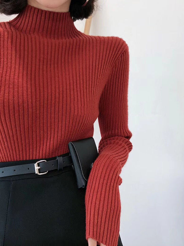 9 Colors Knitting Split-Joint Solid Color High-Neck Sweater