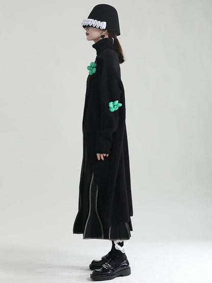 Original High-Low Asymmetric Knitting Dress High-Neck Sweater Dress