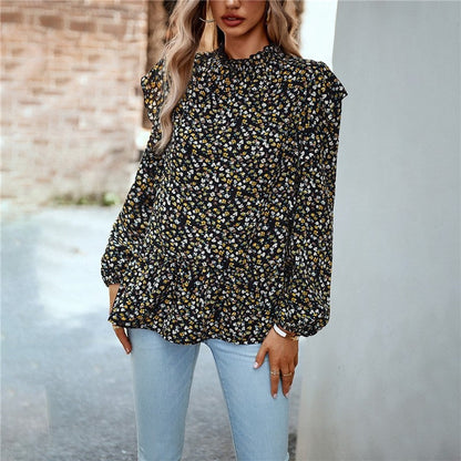 Lace Collar Floral Wood Ear Trim Shirt