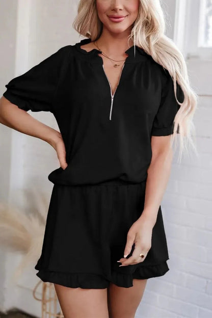 Women's Casual Puff Sleeve Top and Ruffle Shorts Set