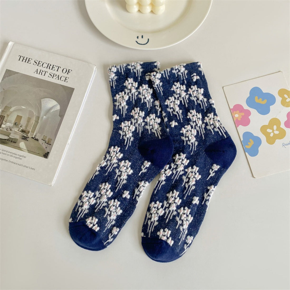 Rufia - Embossed Floral Colorblock Mid-Calf Socks