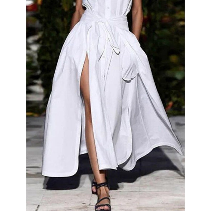 Cap Sleeve Loose Buttoned Solid Color Split-Joint Tied Waist Round-neck Maxi Dresses Shirt Dress
