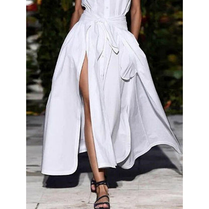 Cap Sleeve Loose Buttoned Solid Color Split-Joint Tied Waist Round-neck Maxi Dresses Shirt Dress