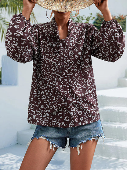 Bishop Sleeve Long Sleeves Elasticity Heart Print Tied V-Neck Blouses&Shirts Tops