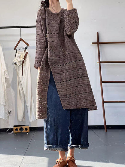 Long Sleeves Loose Hollow Solid Color Split-Front Round-Neck Sweater Dresses