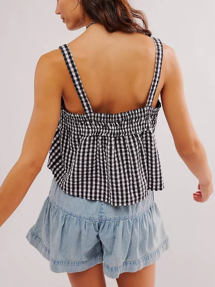 Ruffle Sleeveless String Plaid Tank Tops