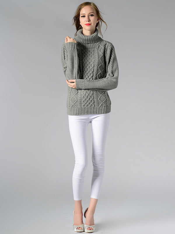 Casual 5 Colors Jacquard High-Neck Long Sleeves Sweater Top