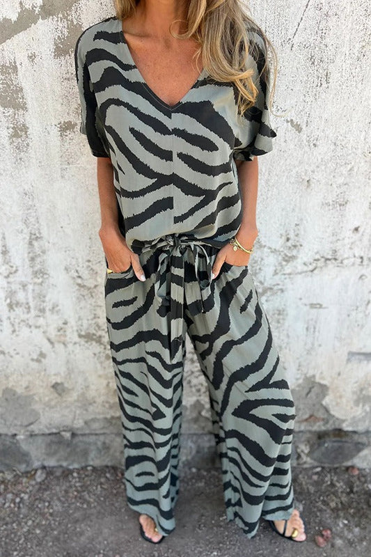 Zebra Print V-neck Short-sleeved Lace-up Top and Elastic Waist Pocket Straight-leg Pants Set