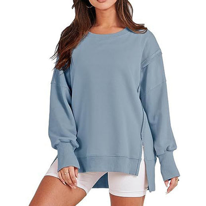 High-Low Long Sleeves Fringed Solid Color Split-Joint Split-Side Round-Neck Sweatershirt