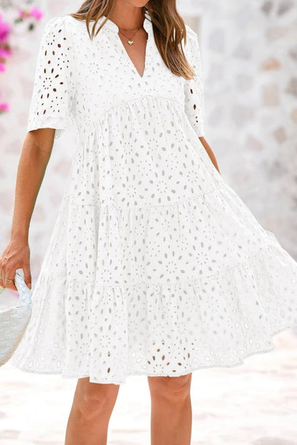 Women's V Neck Short Sleeve Hollow Out Mini Vacation Dress
