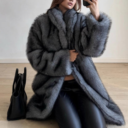 Long Fox Fur Collar Faux Fur Coat Women Fashion