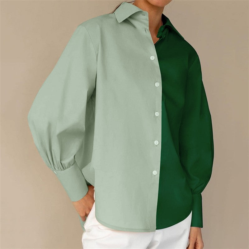 Contrast Color Lapel Long Sleeve Single Breasted Blouse