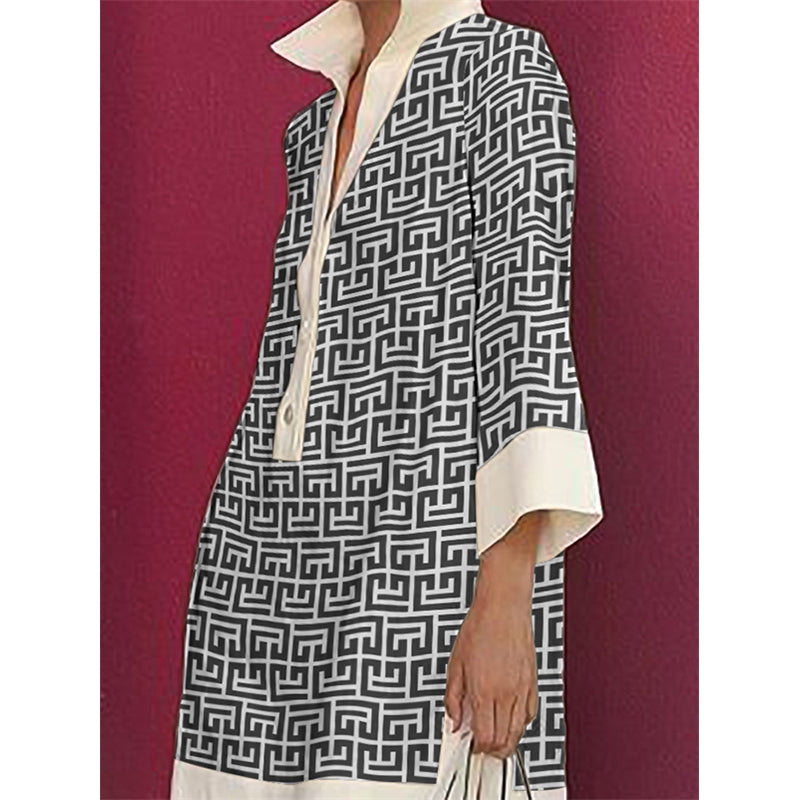 Long Sleeves Three-Quarter Sleeves Buttoned Printed Lapel Mini Dresses Shirt Dress