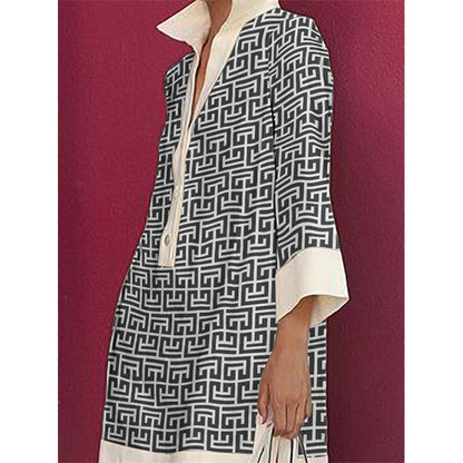 Long Sleeves Three-Quarter Sleeves Buttoned Printed Lapel Mini Dresses Shirt Dress