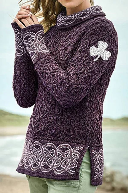Women's Celtic Knotted Clover Creative Jacquard Turtleneck Sweater