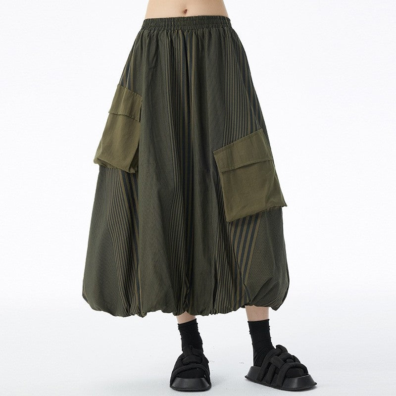 Paneled Pocket Striped Midi Skirt