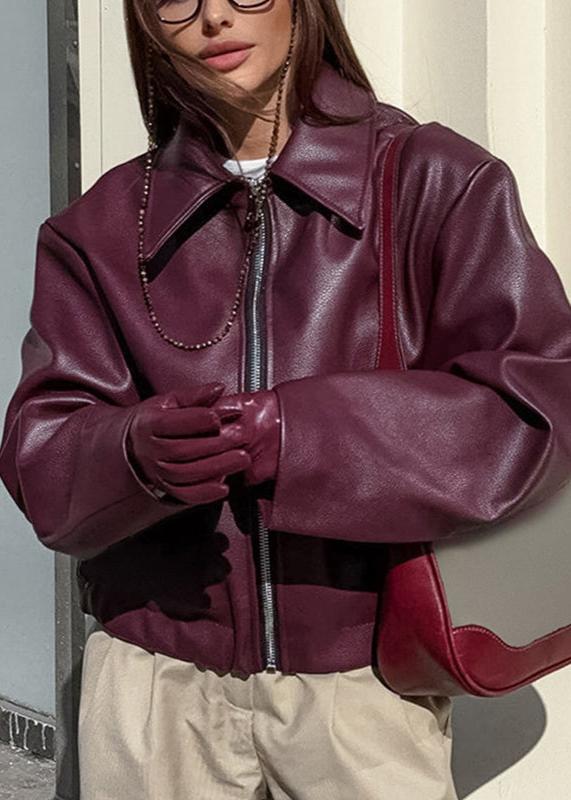Faux Leather Zip Up Jacket Burgundy Modern