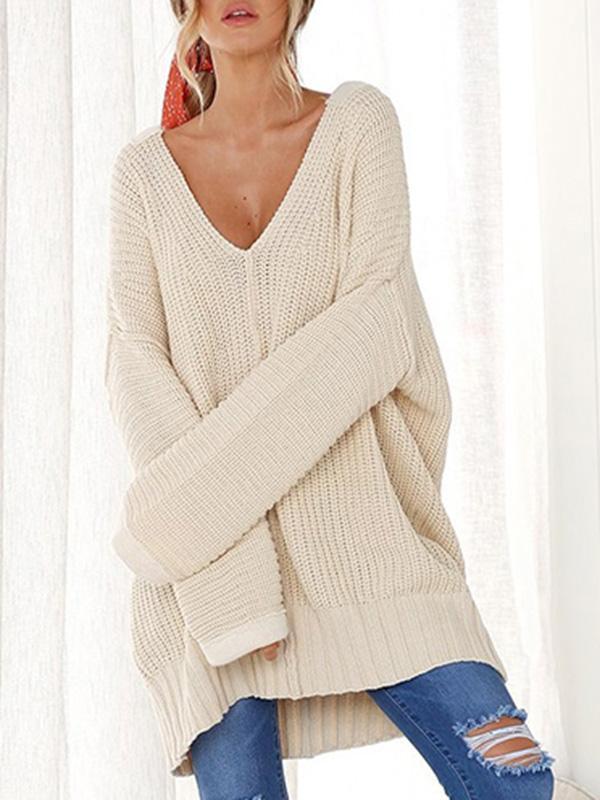 Solid Color V-Neck Loose Sweater Tops