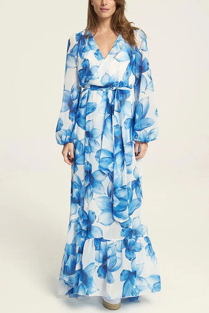 Island Girl Floral Print V-neck Long Sleeve Tie Slit Holiday Maxi Dress