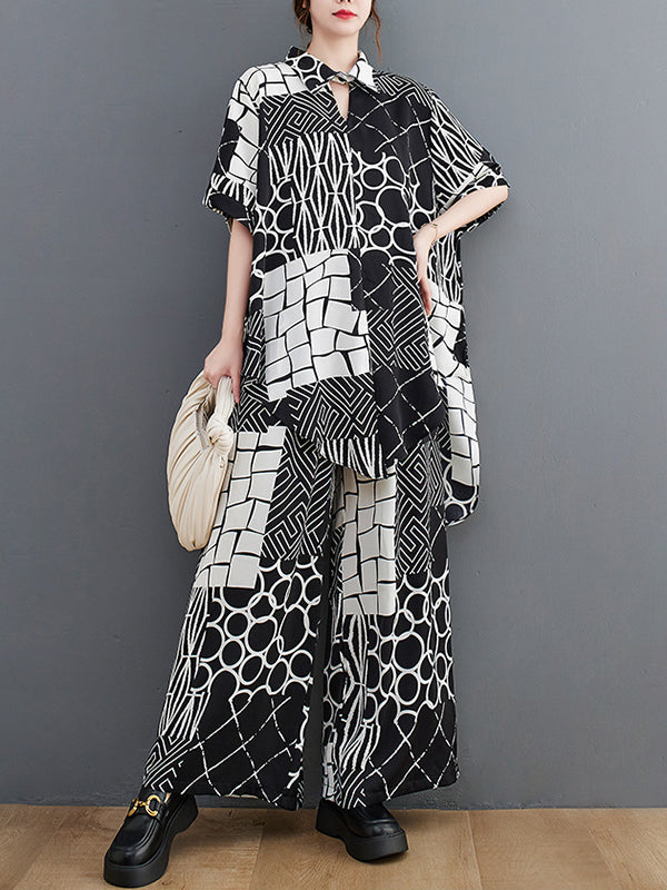 Oversize Short Sleeves Printed Lapel Pants Shirts Tops Two Pieces Set
