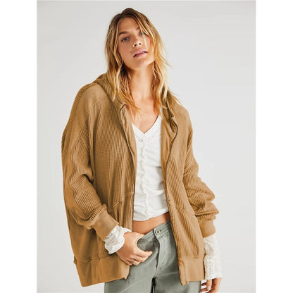 Women's Solid Zip Waffle Design Hoodie Sweatshirt
