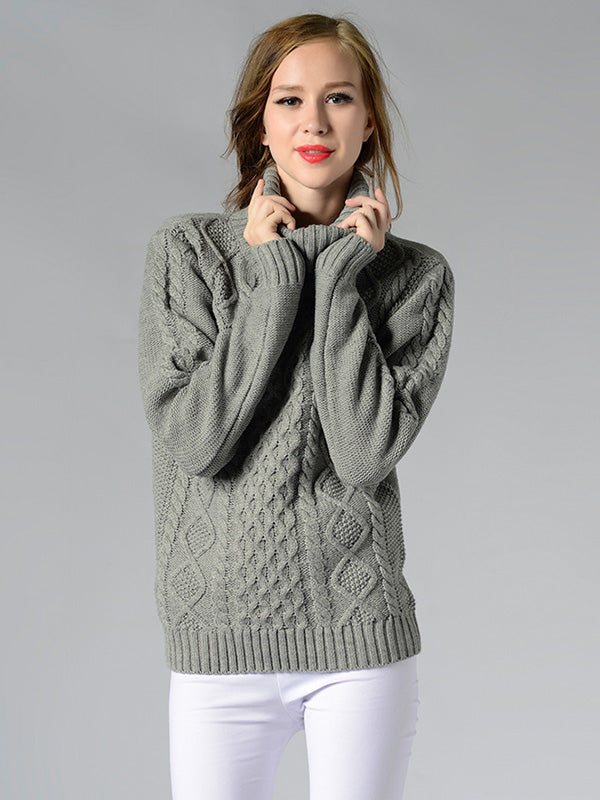 Casual 5 Colors Jacquard High-Neck Long Sleeves Sweater Top