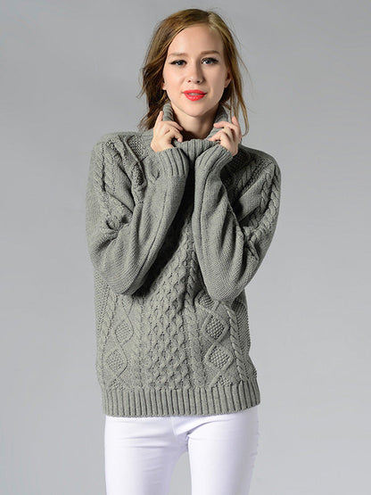 Casual 5 Colors Jacquard High-Neck Long Sleeves Sweater Top
