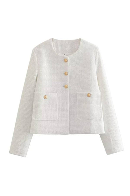 Round Neck Slim Fit Colorblock Women's Button Jacket