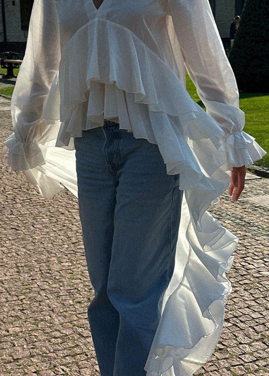 Long Ruffle High Low Blouse In Light Fabric