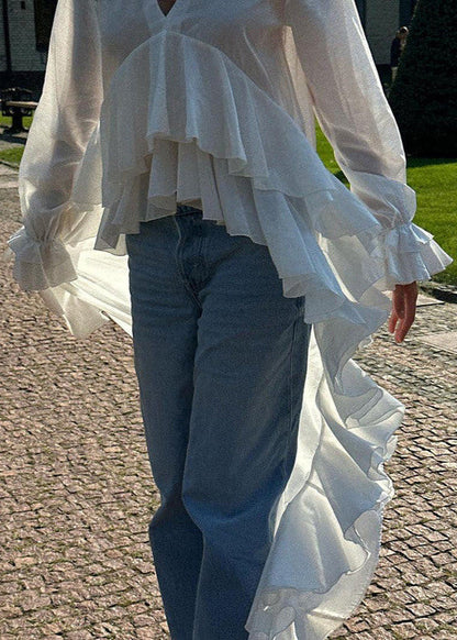 Long Ruffle High Low Blouse In Light Fabric