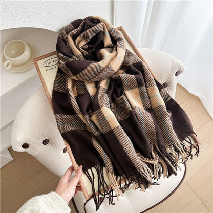 Color Block Plaid Fringe Scarf