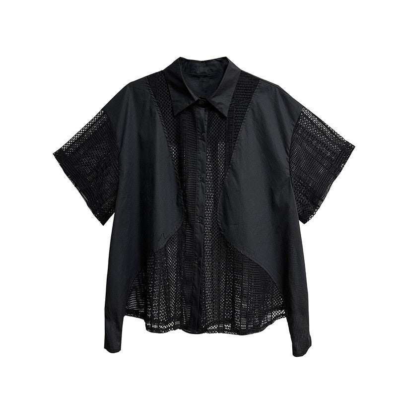 Sheer Mesh Polo Collar Short Sleeve Shirt  Loose Fit, Slimming Effect, Stylish & Versatile Top For Women