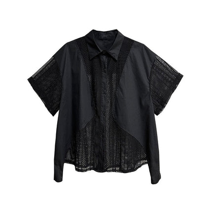 Sheer Mesh Polo Collar Short Sleeve Shirt  Loose Fit, Slimming Effect, Stylish & Versatile Top For Women