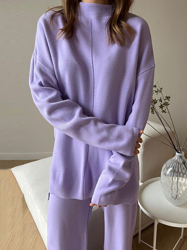 Loose Solid Color High-Neck Sweater Tops&Pants Suits