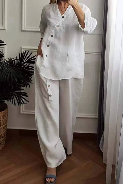 Solid Color Cotton And Linen Cropped Top \u0026 Wide Leg Pants Two-Piece Set