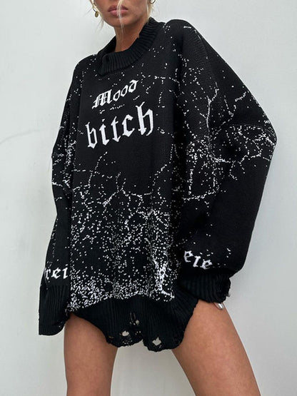 Long Sleeves Loose Hollow Knitted Letters Round-Neck Knitwear Pullovers Sweater Tops