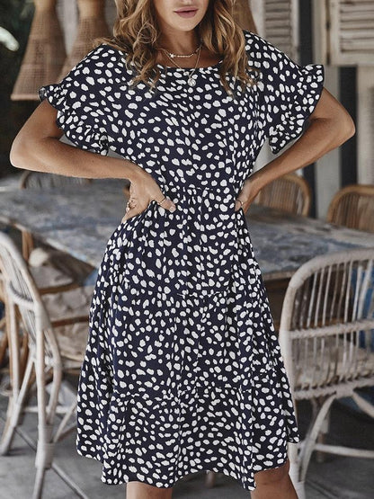 Women Loose O-Neck Short Sleeve Dots Print Mini Dresses
