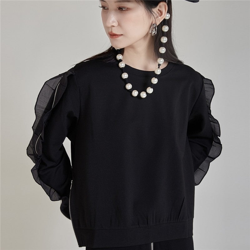Long Sleeve Hoodie With Ruffle Hem