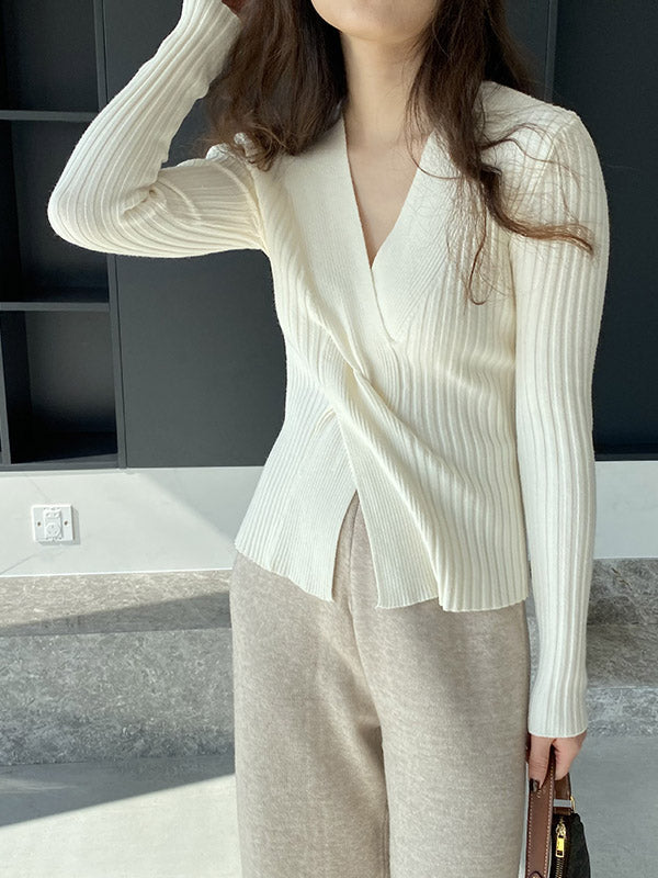 Long Sleeves Loose Knot Solid Color V-Neck Pullovers Sweater Tops