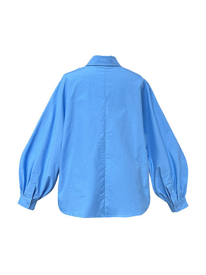 Long Sleeves Loose Buttoned Pleated Solid Color Lapel Blouses&Shirts Tops