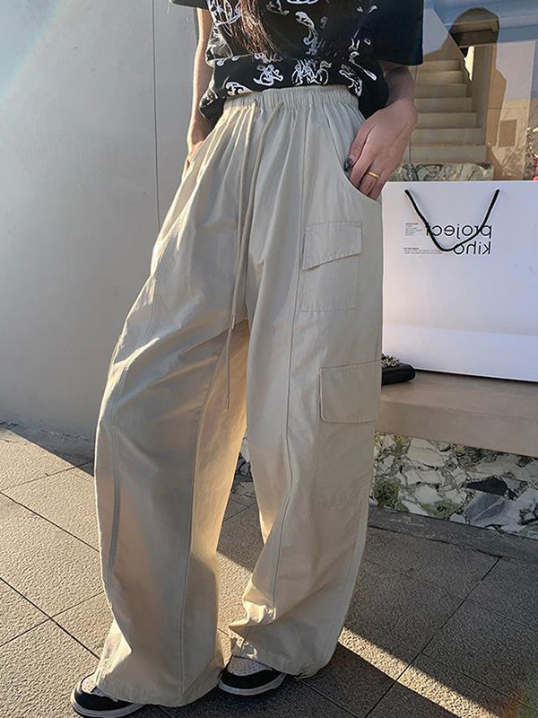High Waisted Loose Drawstring Elasticity Pockets Solid Color Split-Joint Pants Trousers