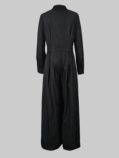 Long Sleeves Loose Buttoned No Belt Solid Color V-Neck Jumpsuits