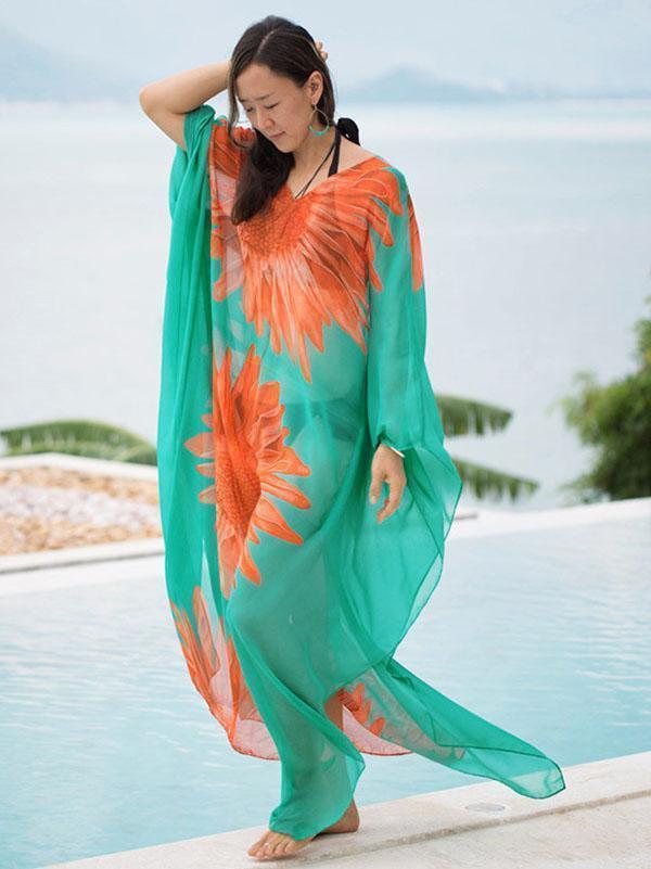 Sunflower Pattern Loose Plus Size Beach Cover-Ups