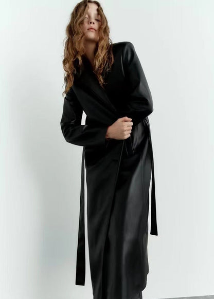 Long Leather Wind Coat With Belted Waist