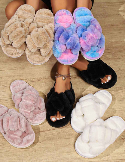 Soft Fuzzy Cross Band Open Toe Slippers
