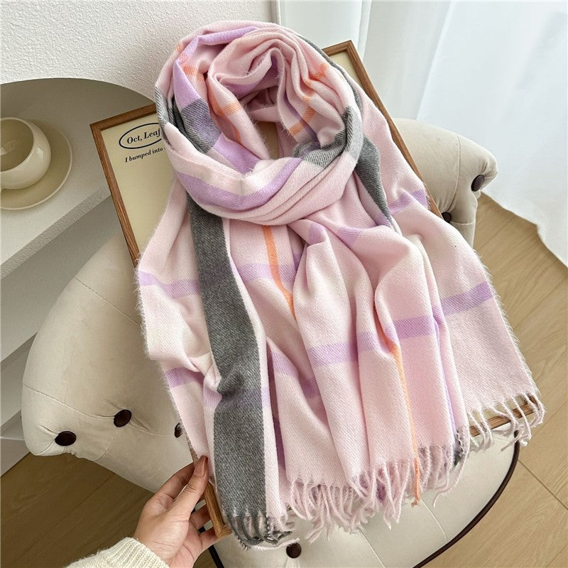 Color Block Plaid Fringe Scarf