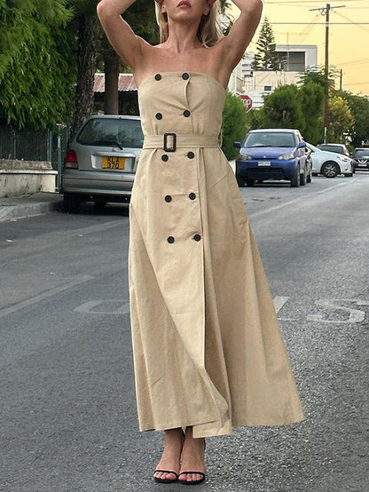 A-Line Loose Belted Buttoned Tube Maxi Dresses