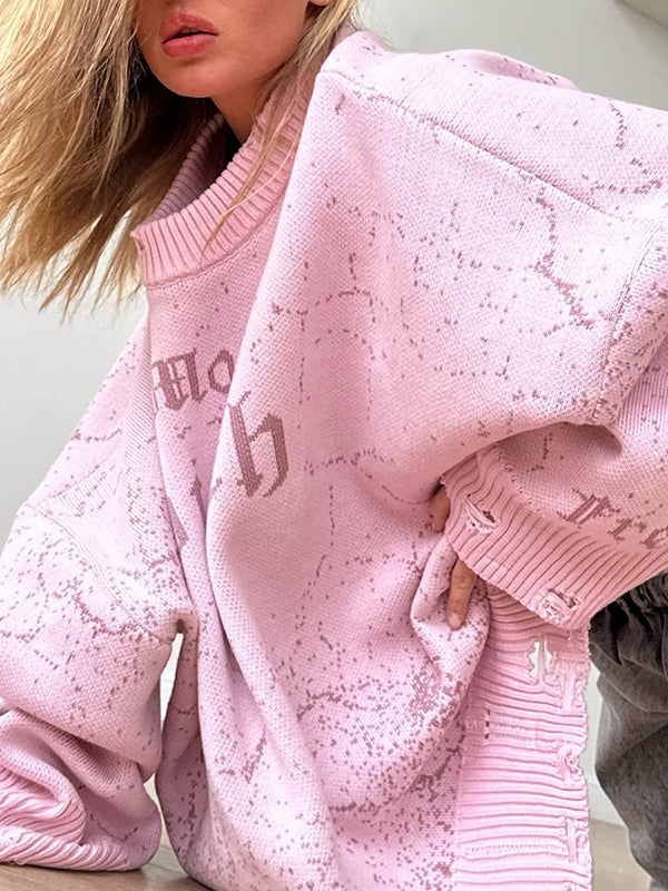 Long Sleeves Loose Hollow Knitted Letters Round-Neck Knitwear Pullovers Sweater Tops