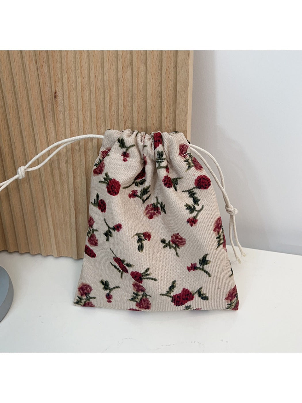Cosbai - Corduroy Drawstring Pouch &amp; Coin Purse with Floral Patterns